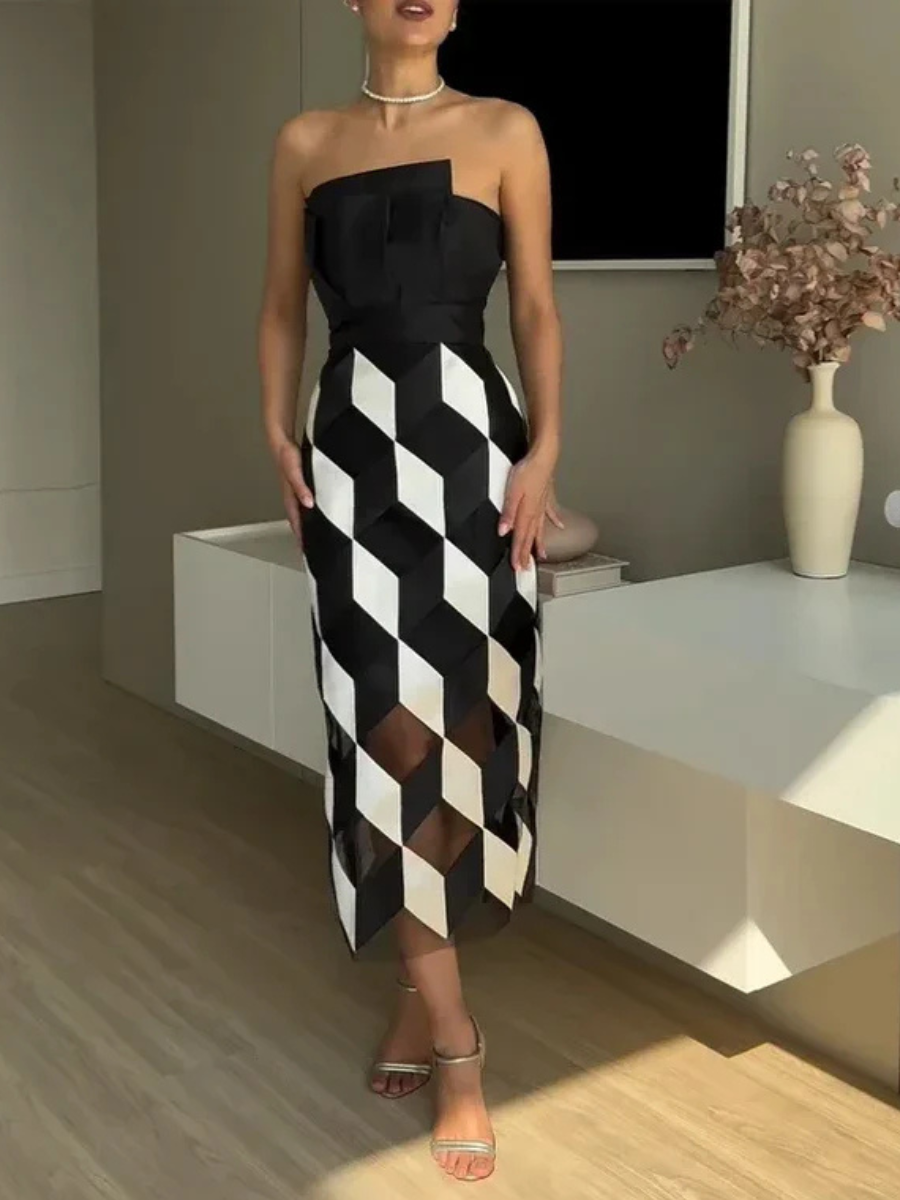 Robe Midi Sans Bretelles Noir Blanche