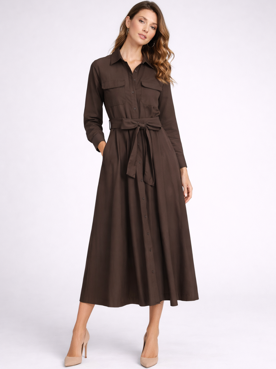 Robe chemise midi Sylvie à manches longues